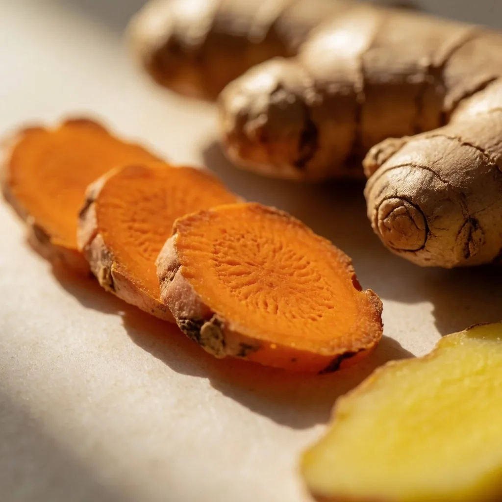 Fresh turmeric and ginger root specimens photographed for botanical study