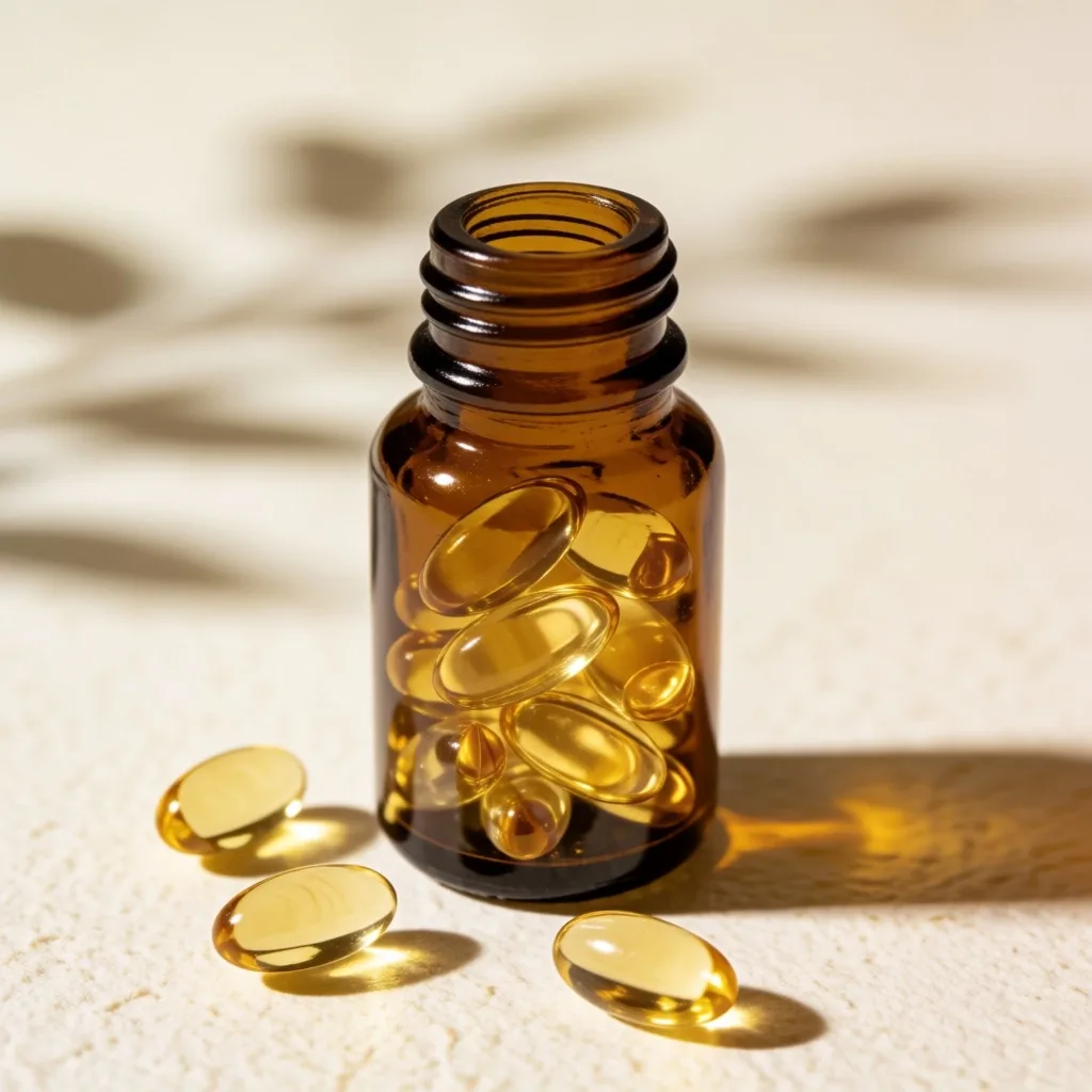 Amber glass bottle of fish oil capsules on a pale surface