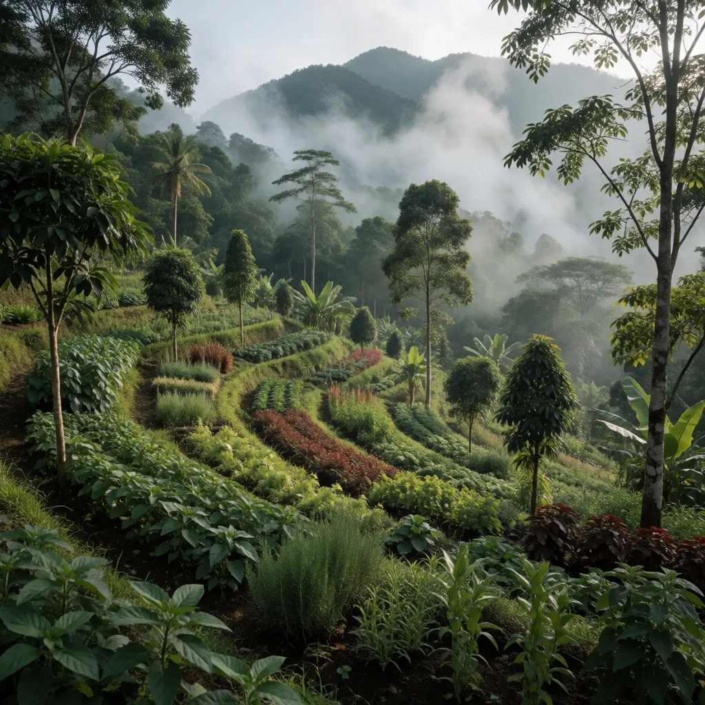 Tropical botanical farm in Indonesia with rows of herbal plants
