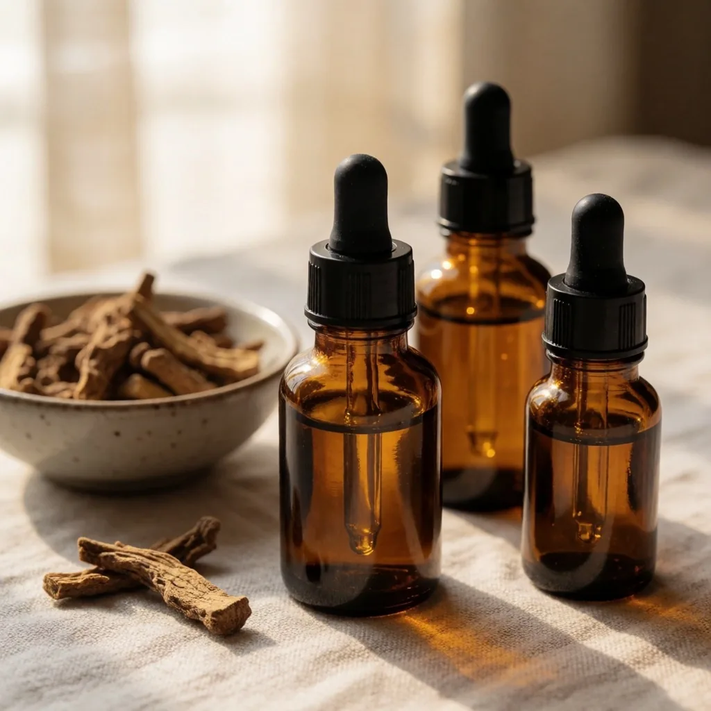 Amber supplement bottles with dried herbs