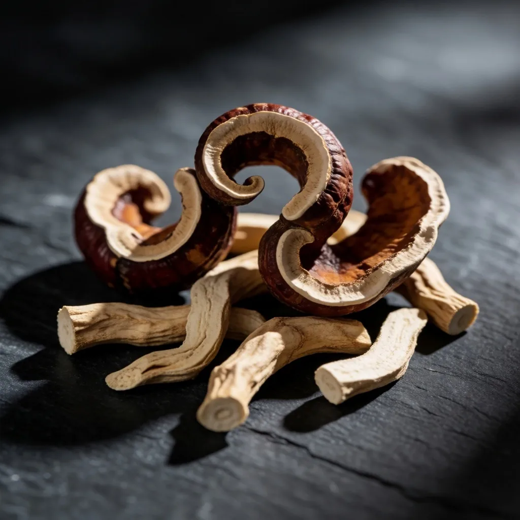 Dried ashwagandha root and reishi mushrooms