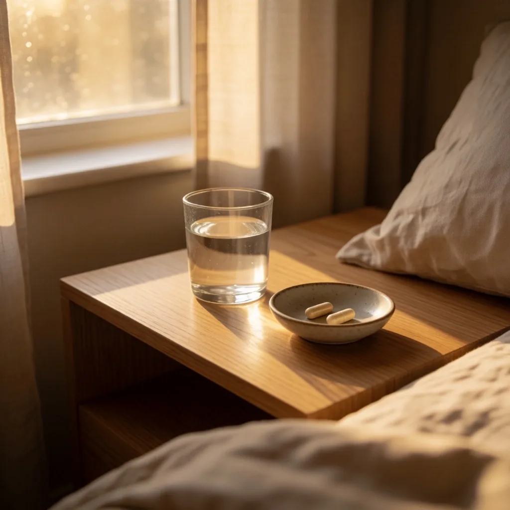 Morning light on a bedside table with supplements
